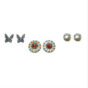 3pc western floral, butterfly & pearl stud earrings set